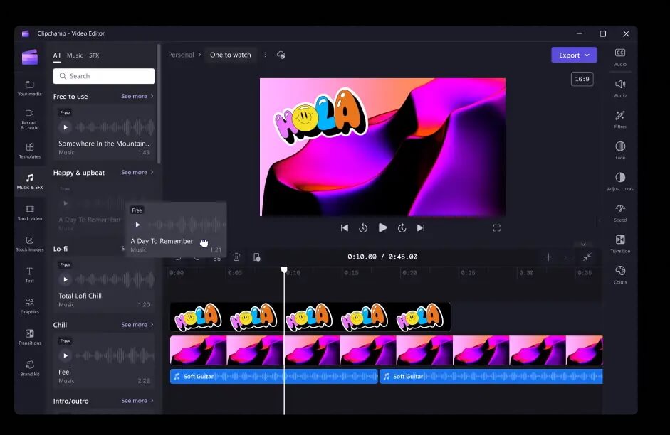 A screenshot of Clipchamp's user interface, showing some of its music and SFX options