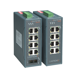 Two of Lantronix’s XPress-Pro SW Ethernet switches with their ports showing.