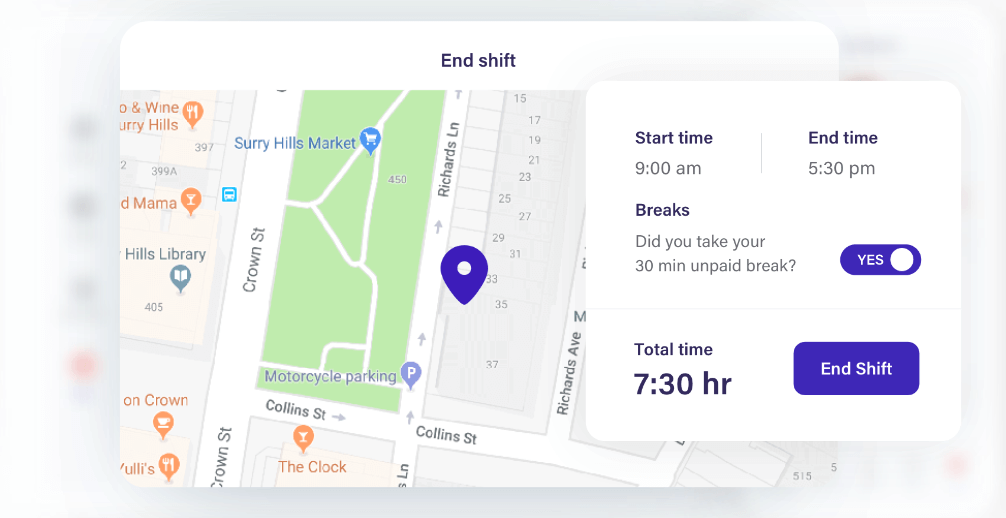 The clock-out interface for the Deputy mobile application, which includes geo-stamping and an attestation of taking a required break