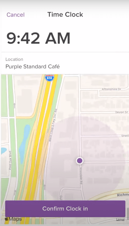 An example of the clock-in interface in the mobile app