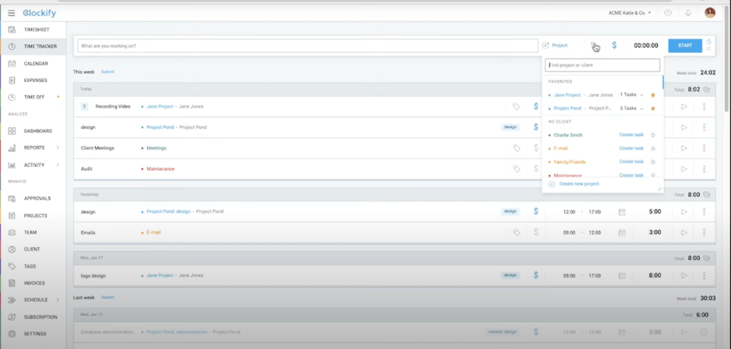 The web-based version of Clockify’s time tracking system