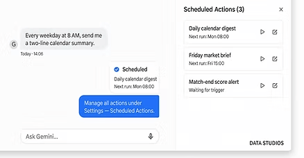 Screenshot of Google Gemini's Scheduled Actions feature