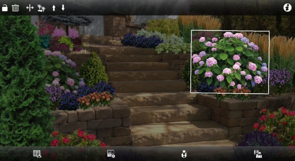 Screenshot of iScape showing a 3D plan of a front yard staircase with foliage