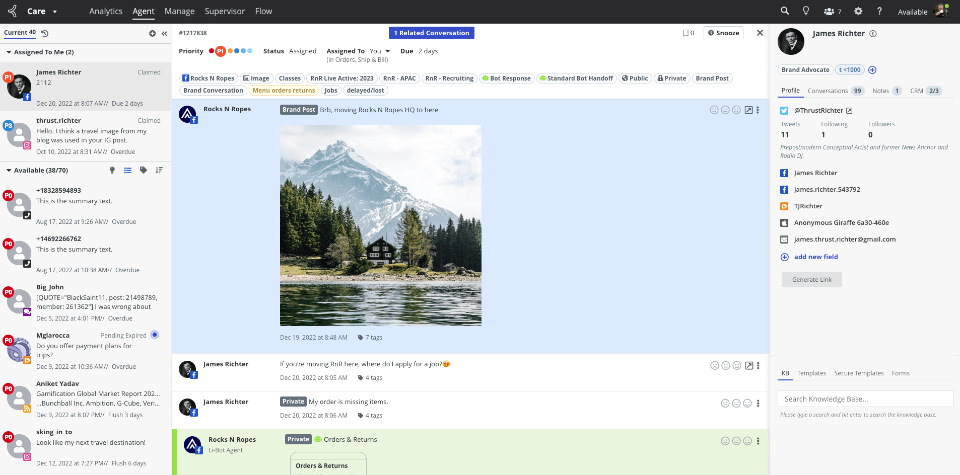 Screenshot of a customer conversation in Agent view. Access past customer conversations and interactions in a single pane of glass.