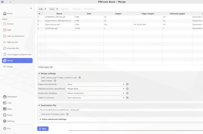 Screenshot of PDFSam's user interface
