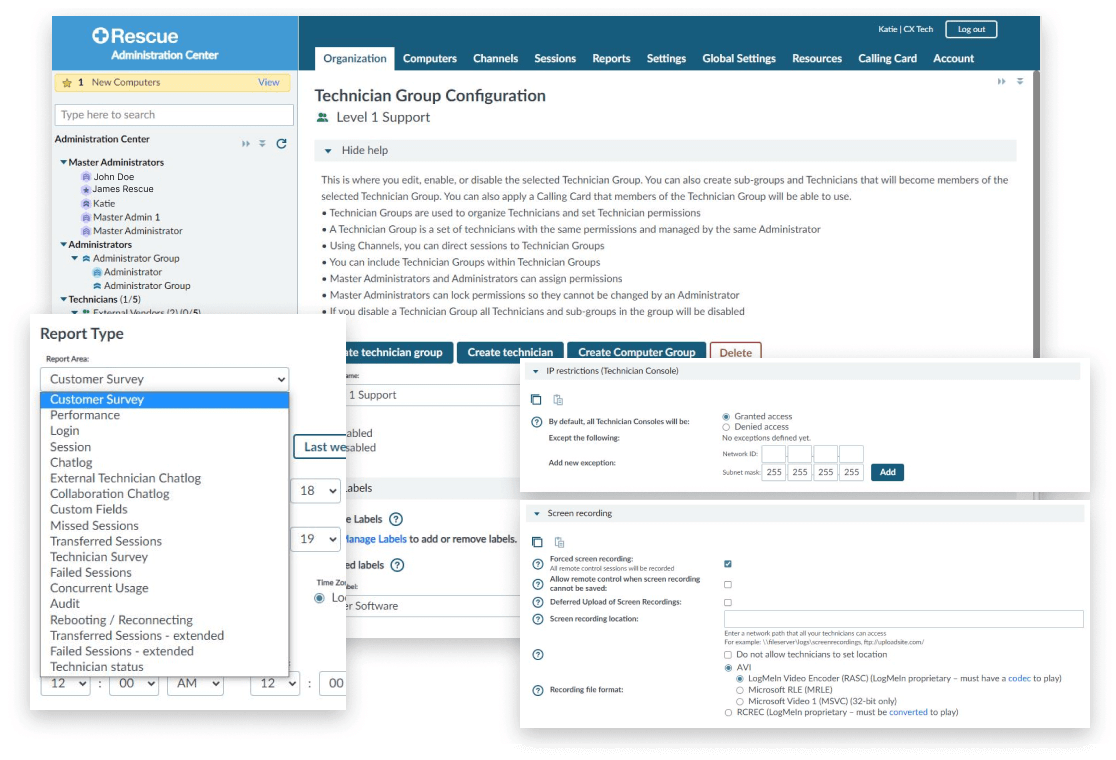 Screenshot of Technician Group Configuration - Where users can create technician groups and subgroups with granular agent permissions
