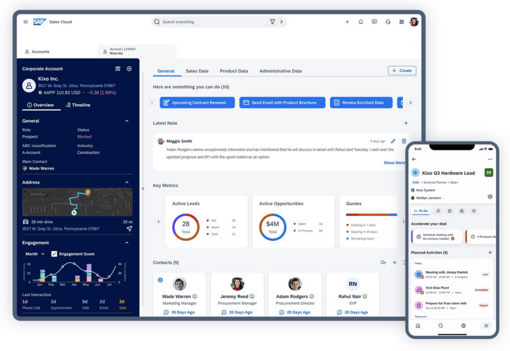 Screenshot of the SAP Sales Cloud dashboard, where users can can automate critical selling processes and give sellers AI-based recommendations. The dashboard features: Cloud deployment A unified view of customers An optimised mobile selling experience AI-driven insights, recommendations, and analytics Embedded generative AI highlights and summarization.
