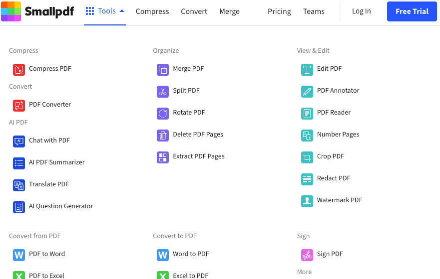 A screenshot of Smallpdf's user interface, showing some of its tools