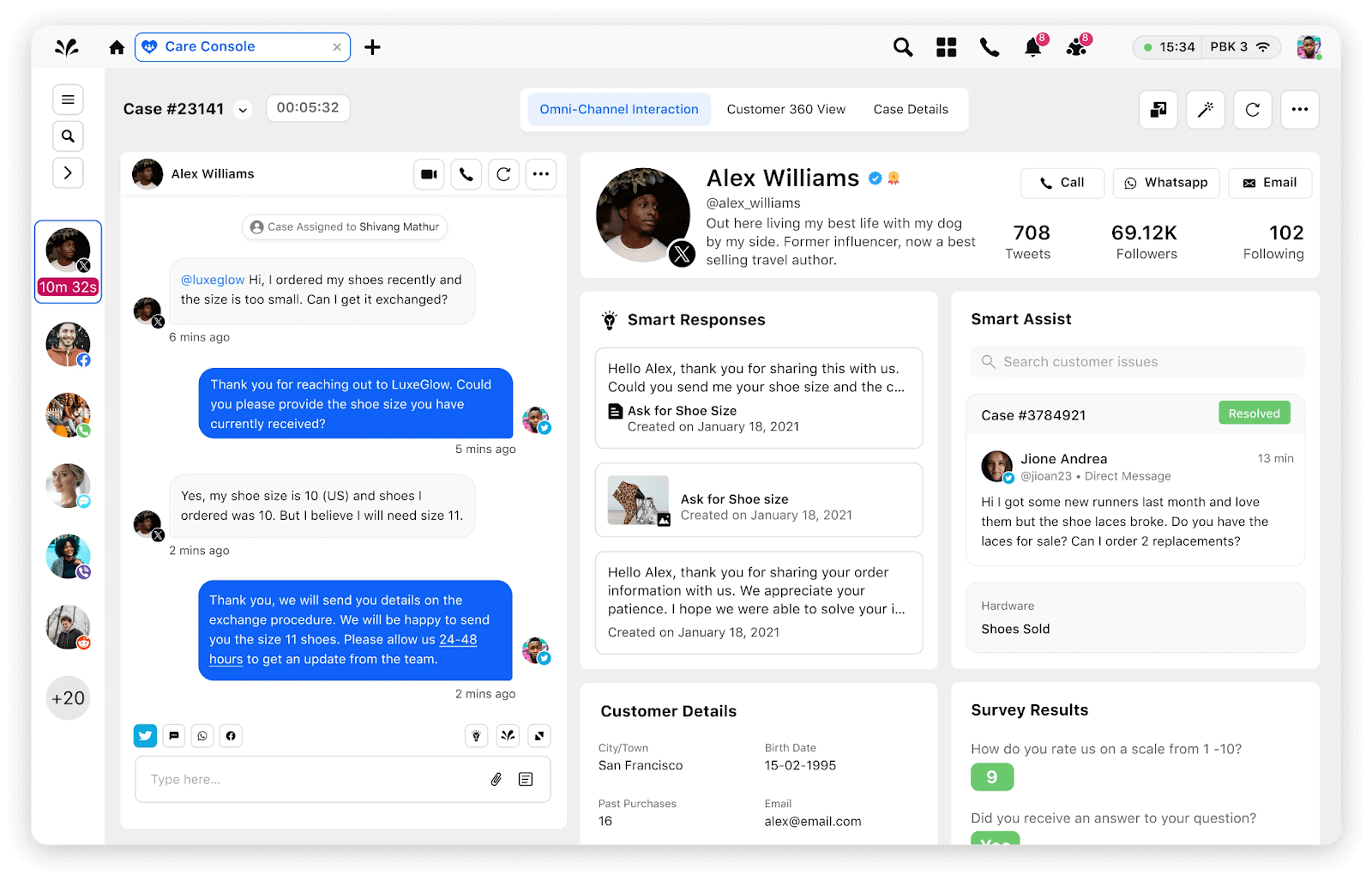 Screenshot of Sprinklr’s Care Console, which allows agents to track cases across multiple channels and offers suggested responses based on the customer’s concerns.