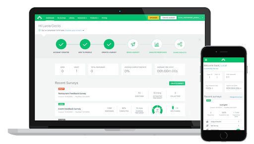 A screenshot of SurveyMonkey's desktop and mobile user interfaces